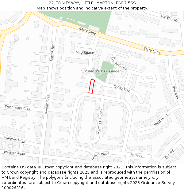 22, TRINITY WAY, LITTLEHAMPTON, BN17 5SS: Location map and indicative extent of plot
