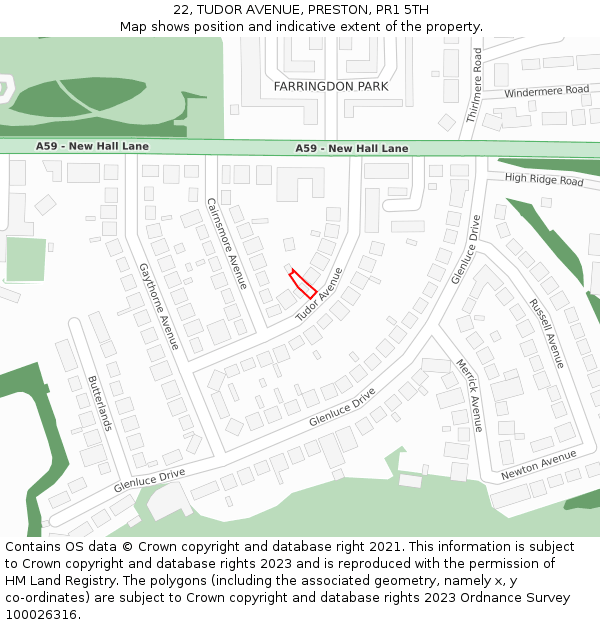22, TUDOR AVENUE, PRESTON, PR1 5TH: Location map and indicative extent of plot