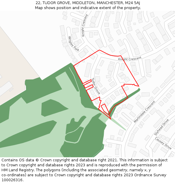 22, TUDOR GROVE, MIDDLETON, MANCHESTER, M24 5AJ: Location map and indicative extent of plot