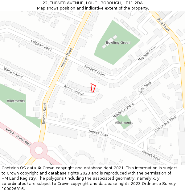 22, TURNER AVENUE, LOUGHBOROUGH, LE11 2DA: Location map and indicative extent of plot