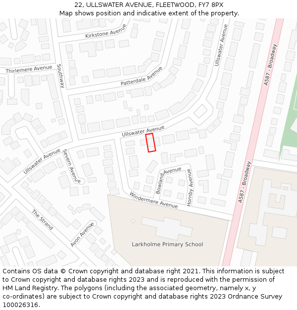 22, ULLSWATER AVENUE, FLEETWOOD, FY7 8PX: Location map and indicative extent of plot