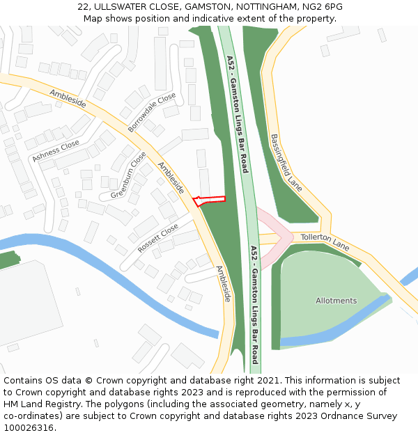 22, ULLSWATER CLOSE, GAMSTON, NOTTINGHAM, NG2 6PG: Location map and indicative extent of plot