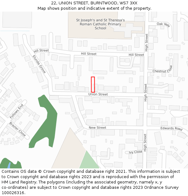 22, UNION STREET, BURNTWOOD, WS7 3XX: Location map and indicative extent of plot