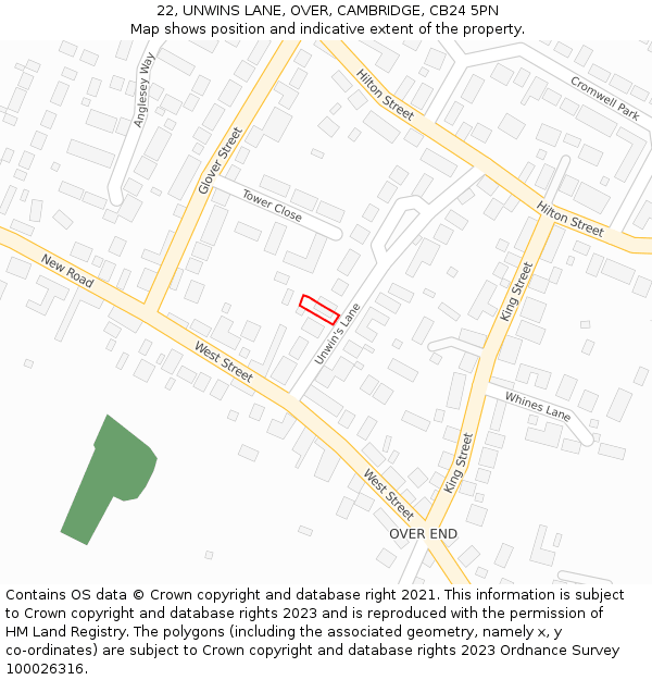 22, UNWINS LANE, OVER, CAMBRIDGE, CB24 5PN: Location map and indicative extent of plot