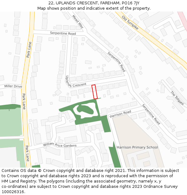 22, UPLANDS CRESCENT, FAREHAM, PO16 7JY: Location map and indicative extent of plot