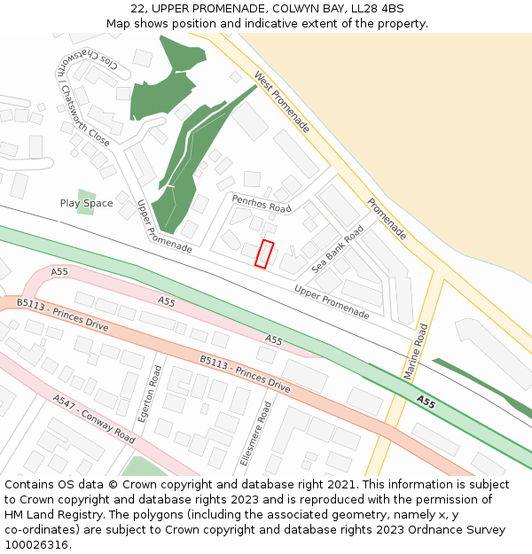 22, UPPER PROMENADE, COLWYN BAY, LL28 4BS: Location map and indicative extent of plot