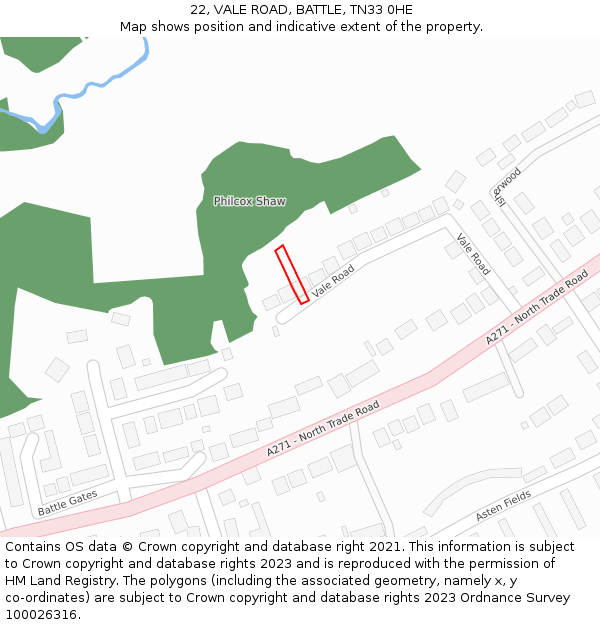 22, VALE ROAD, BATTLE, TN33 0HE: Location map and indicative extent of plot