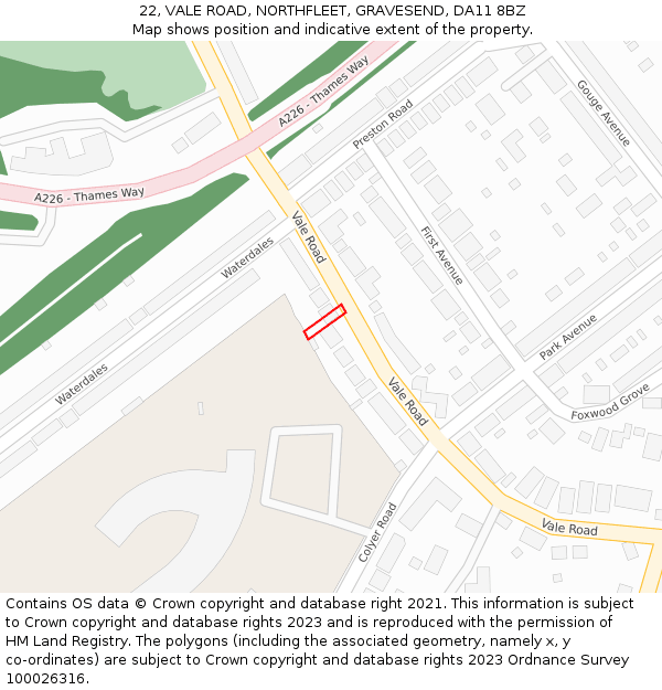 22, VALE ROAD, NORTHFLEET, GRAVESEND, DA11 8BZ: Location map and indicative extent of plot