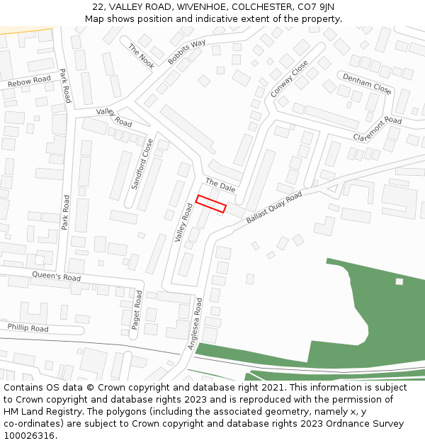 22, VALLEY ROAD, WIVENHOE, COLCHESTER, CO7 9JN: Location map and indicative extent of plot