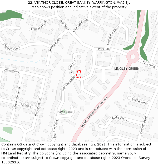 22, VENTNOR CLOSE, GREAT SANKEY, WARRINGTON, WA5 3JL: Location map and indicative extent of plot