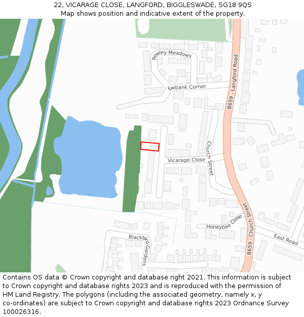 22, VICARAGE CLOSE, LANGFORD, BIGGLESWADE, SG18 9QS: Location map and indicative extent of plot