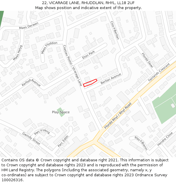 22, VICARAGE LANE, RHUDDLAN, RHYL, LL18 2UF: Location map and indicative extent of plot