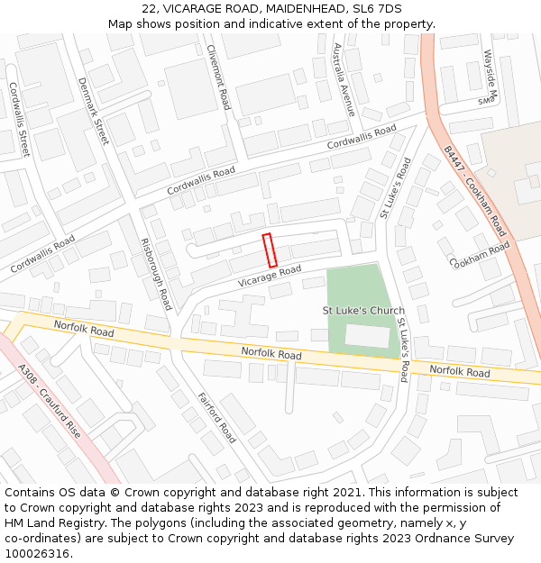 22, VICARAGE ROAD, MAIDENHEAD, SL6 7DS: Location map and indicative extent of plot