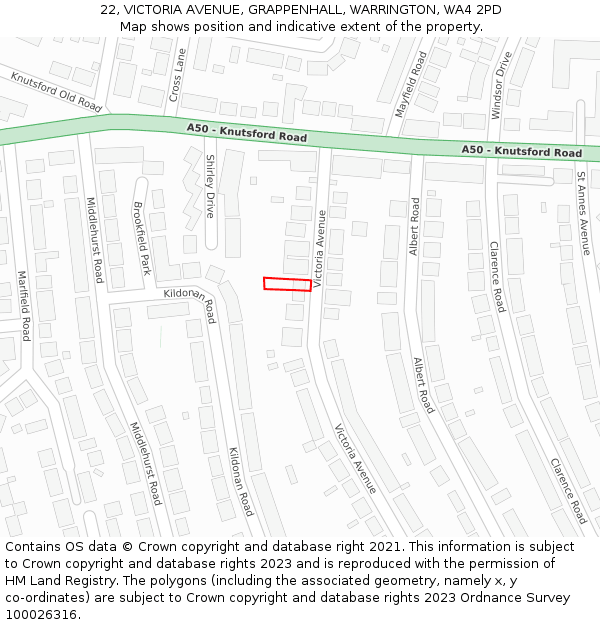 22, VICTORIA AVENUE, GRAPPENHALL, WARRINGTON, WA4 2PD: Location map and indicative extent of plot