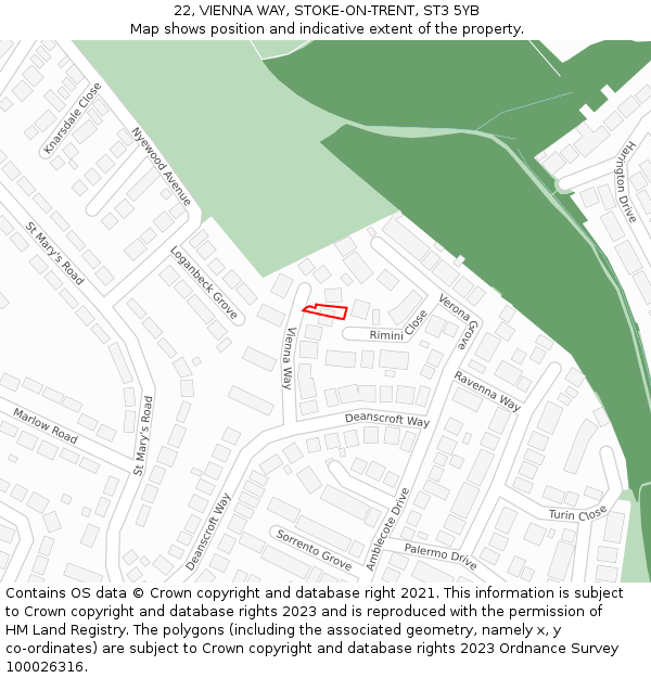 22, VIENNA WAY, STOKE-ON-TRENT, ST3 5YB: Location map and indicative extent of plot