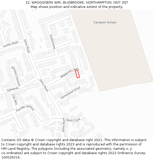 22, WAGGONERS WAY, BUGBROOKE, NORTHAMPTON, NN7 3QT: Location map and indicative extent of plot