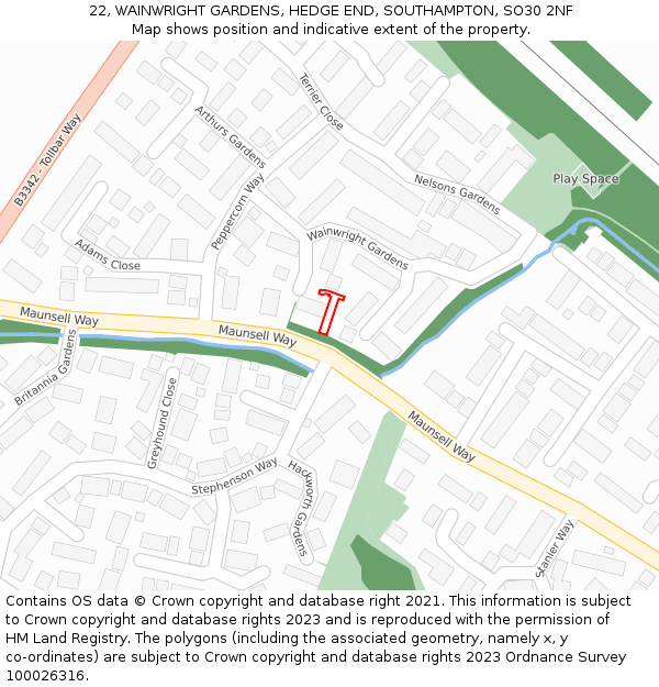 22, WAINWRIGHT GARDENS, HEDGE END, SOUTHAMPTON, SO30 2NF: Location map and indicative extent of plot