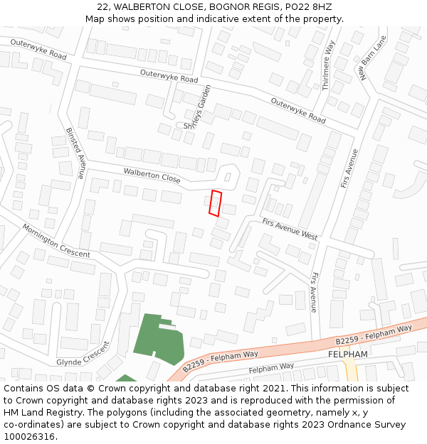 22, WALBERTON CLOSE, BOGNOR REGIS, PO22 8HZ: Location map and indicative extent of plot