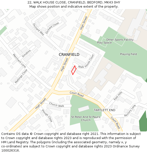 22, WALK HOUSE CLOSE, CRANFIELD, BEDFORD, MK43 0HY: Location map and indicative extent of plot