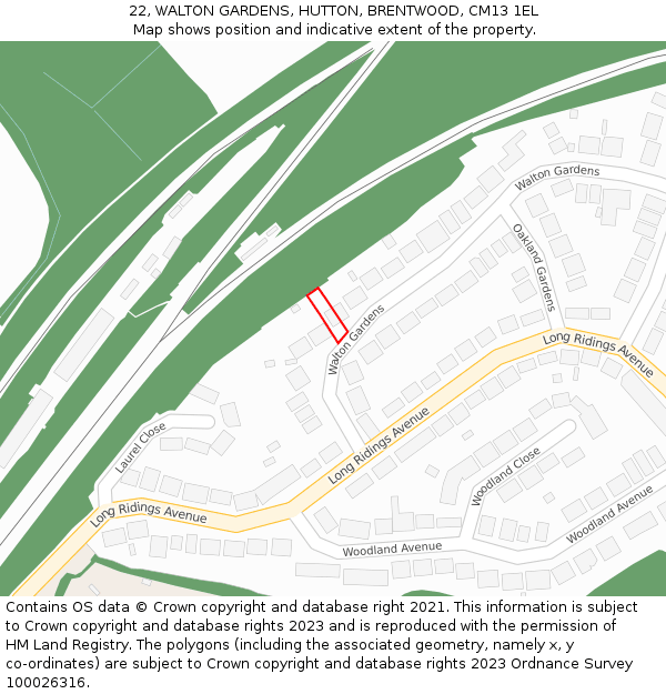 22, WALTON GARDENS, HUTTON, BRENTWOOD, CM13 1EL: Location map and indicative extent of plot