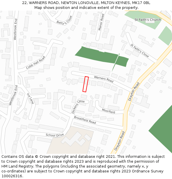 22, WARNERS ROAD, NEWTON LONGVILLE, MILTON KEYNES, MK17 0BL: Location map and indicative extent of plot