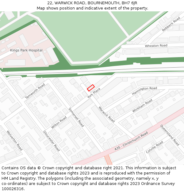 22, WARWICK ROAD, BOURNEMOUTH, BH7 6JR: Location map and indicative extent of plot