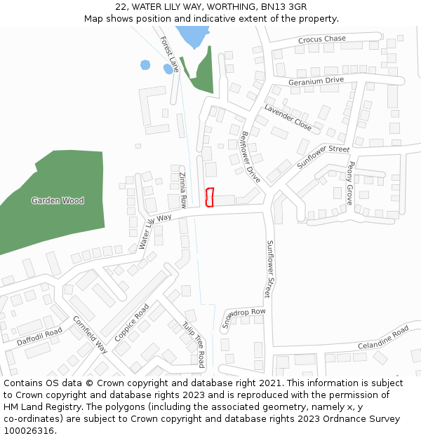 22, WATER LILY WAY, WORTHING, BN13 3GR: Location map and indicative extent of plot
