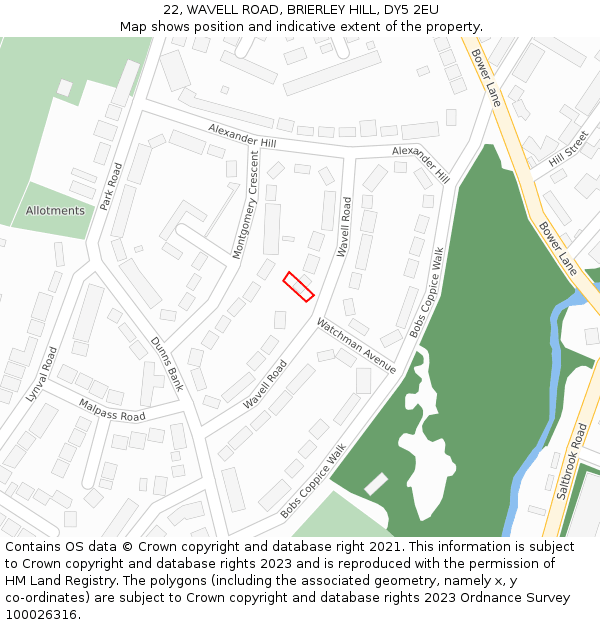 22, WAVELL ROAD, BRIERLEY HILL, DY5 2EU: Location map and indicative extent of plot