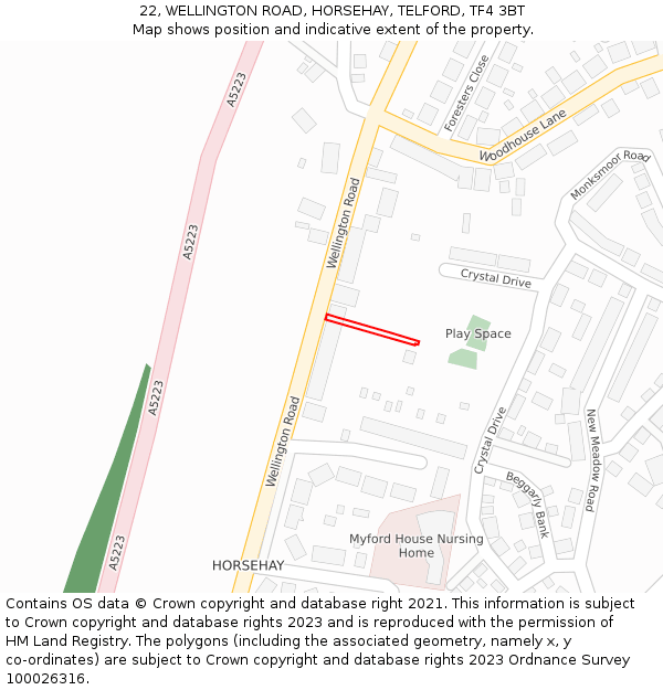 22, WELLINGTON ROAD, HORSEHAY, TELFORD, TF4 3BT: Location map and indicative extent of plot