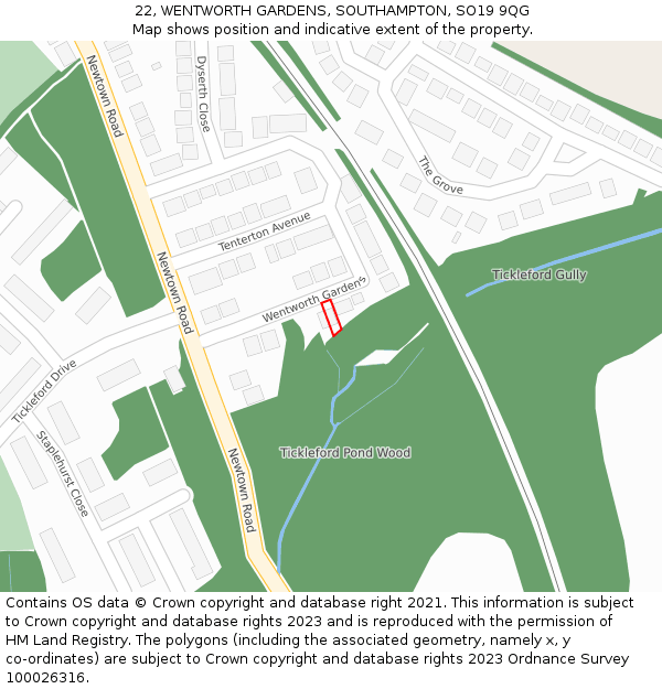 22, WENTWORTH GARDENS, SOUTHAMPTON, SO19 9QG: Location map and indicative extent of plot