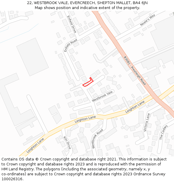 22, WESTBROOK VALE, EVERCREECH, SHEPTON MALLET, BA4 6JN: Location map and indicative extent of plot