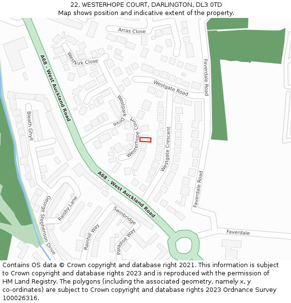 22, WESTERHOPE COURT, DARLINGTON, DL3 0TD: Location map and indicative extent of plot