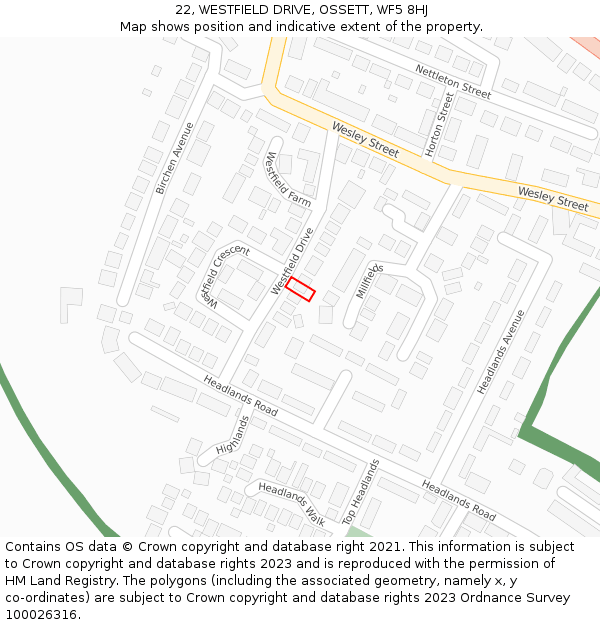 22, WESTFIELD DRIVE, OSSETT, WF5 8HJ: Location map and indicative extent of plot