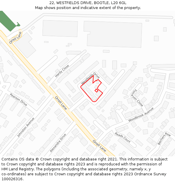 22, WESTFIELDS DRIVE, BOOTLE, L20 6GL: Location map and indicative extent of plot
