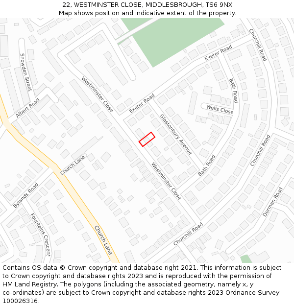 22, WESTMINSTER CLOSE, MIDDLESBROUGH, TS6 9NX: Location map and indicative extent of plot