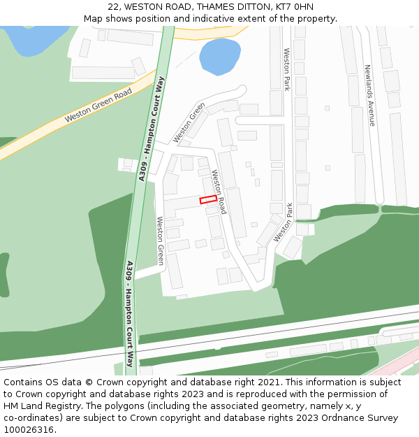 22, WESTON ROAD, THAMES DITTON, KT7 0HN: Location map and indicative extent of plot