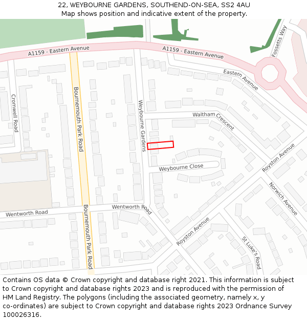 22, WEYBOURNE GARDENS, SOUTHEND-ON-SEA, SS2 4AU: Location map and indicative extent of plot