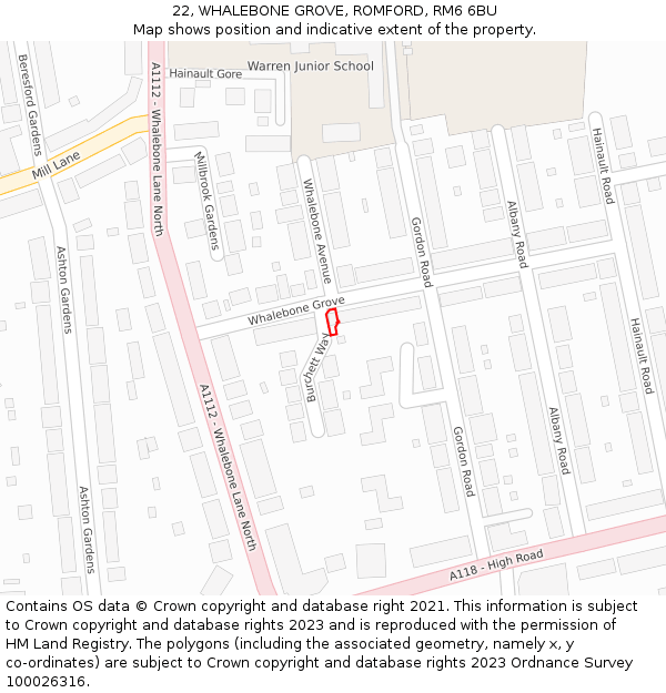 22, WHALEBONE GROVE, ROMFORD, RM6 6BU: Location map and indicative extent of plot