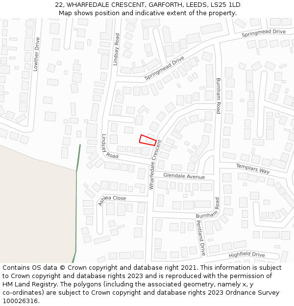22, WHARFEDALE CRESCENT, GARFORTH, LEEDS, LS25 1LD: Location map and indicative extent of plot
