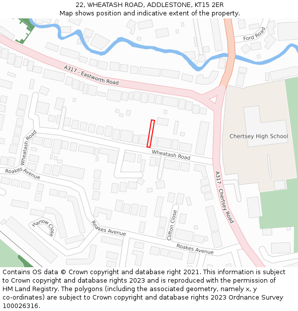 22, WHEATASH ROAD, ADDLESTONE, KT15 2ER: Location map and indicative extent of plot