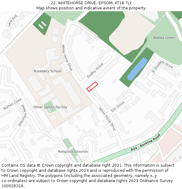 22, WHITEHORSE DRIVE, EPSOM, KT18 7LY: Location map and indicative extent of plot