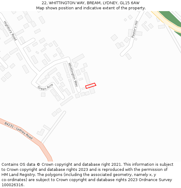 22, WHITTINGTON WAY, BREAM, LYDNEY, GL15 6AW: Location map and indicative extent of plot
