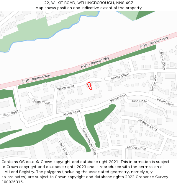 22, WILKIE ROAD, WELLINGBOROUGH, NN8 4SZ: Location map and indicative extent of plot