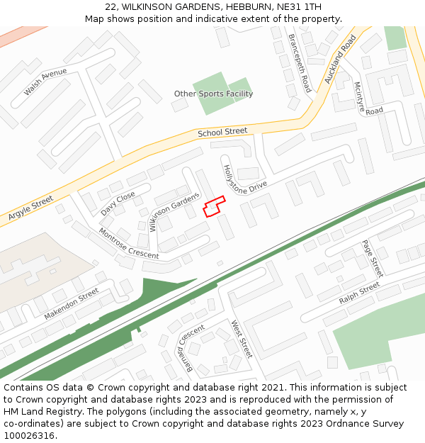 22, WILKINSON GARDENS, HEBBURN, NE31 1TH: Location map and indicative extent of plot