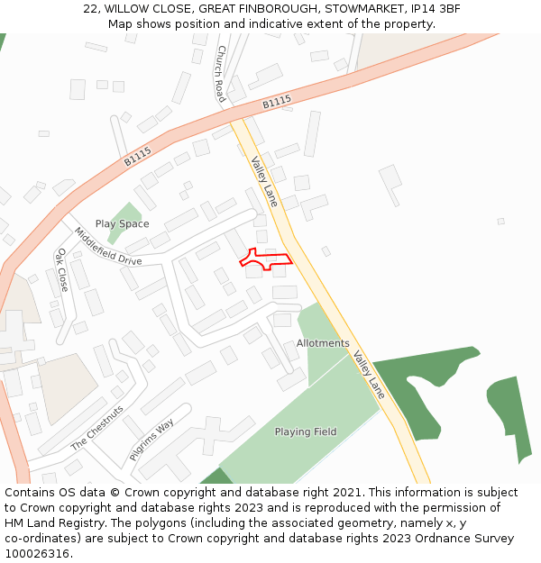 22, WILLOW CLOSE, GREAT FINBOROUGH, STOWMARKET, IP14 3BF: Location map and indicative extent of plot