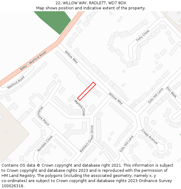 22, WILLOW WAY, RADLETT, WD7 8DX: Location map and indicative extent of plot