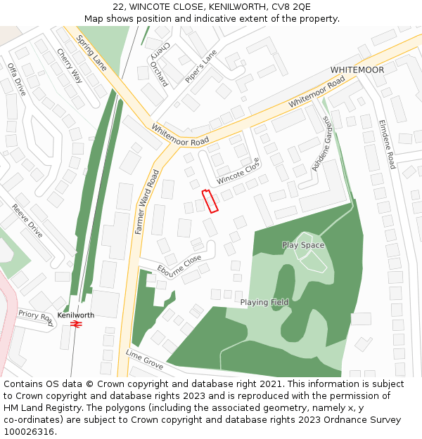 22, WINCOTE CLOSE, KENILWORTH, CV8 2QE: Location map and indicative extent of plot