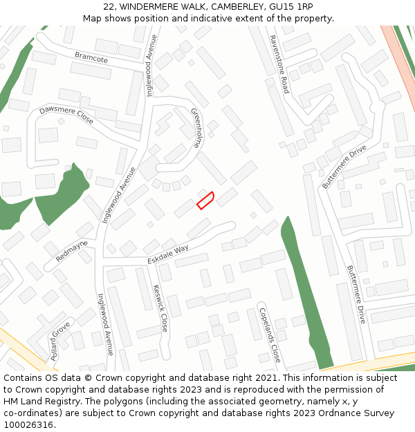 22, WINDERMERE WALK, CAMBERLEY, GU15 1RP: Location map and indicative extent of plot