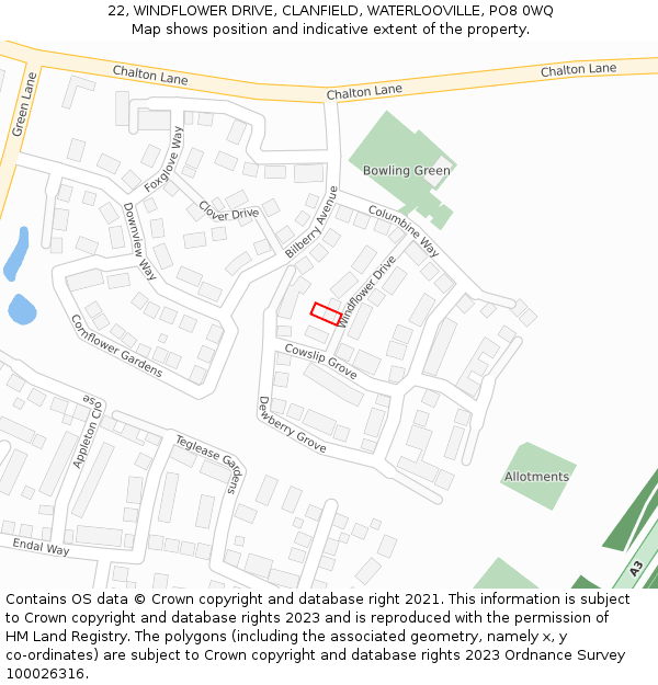 22, WINDFLOWER DRIVE, CLANFIELD, WATERLOOVILLE, PO8 0WQ: Location map and indicative extent of plot