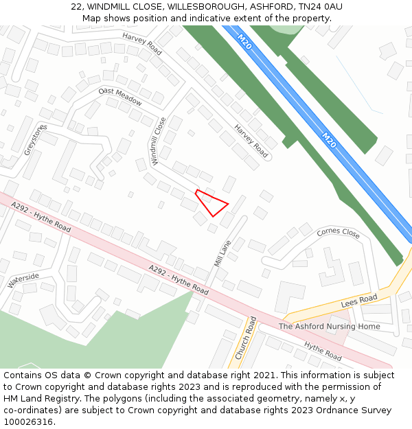 22, WINDMILL CLOSE, WILLESBOROUGH, ASHFORD, TN24 0AU: Location map and indicative extent of plot